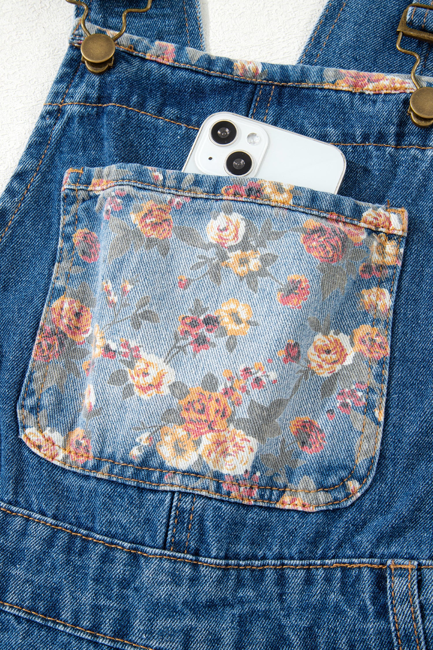 Peacock Blue Floral Patchwork Bib Denim Wide Leg Overalls