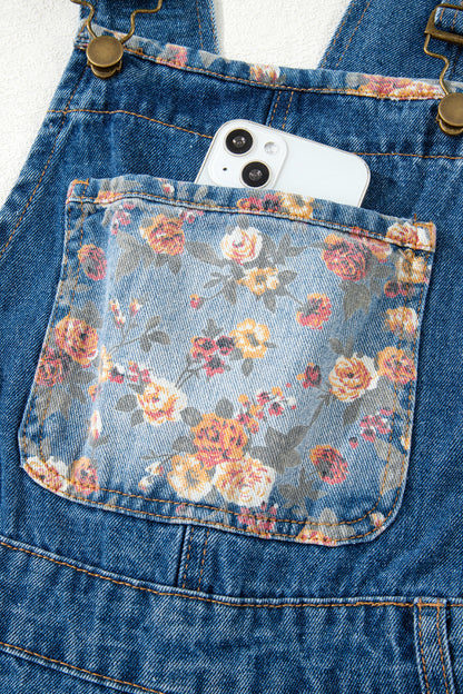 Peacock Blue Floral Patchwork Bib Denim Wide Leg Overalls