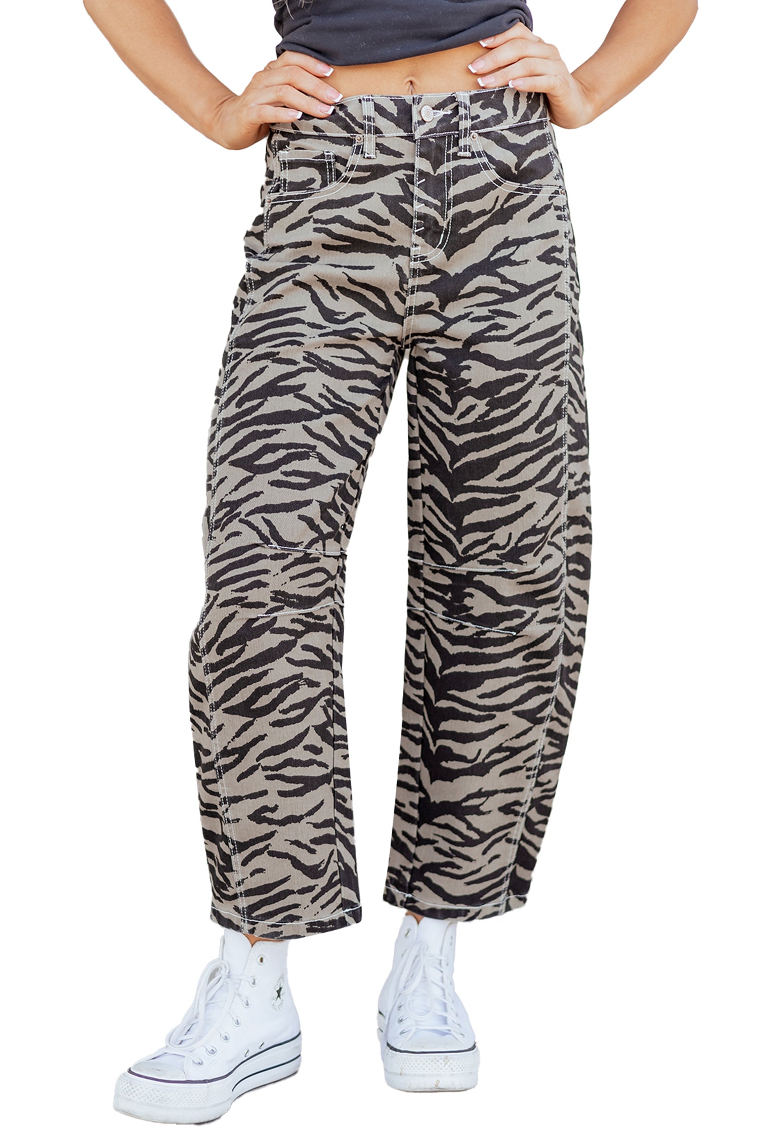 Gray Zebra Stripe Printed Wide Leg Jeans