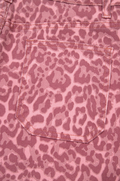 Rose Leopard Frayed Edge Wide Leg High Waist Jeans