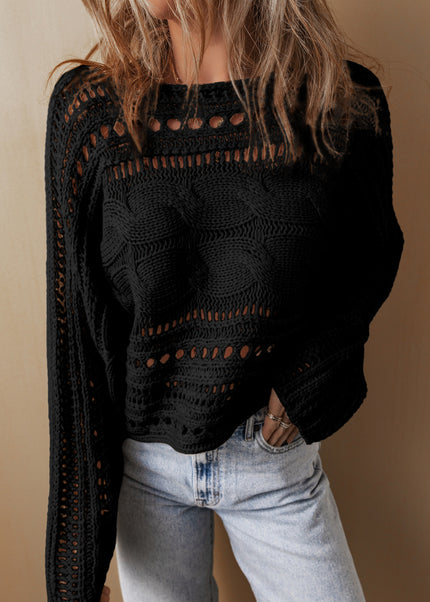 Smoke Gray Hollow-out Cable Knit Cropped Sweater