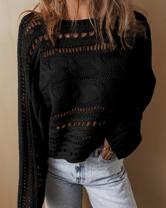 Smoke Gray Hollow-out Cable Knit Cropped Sweater