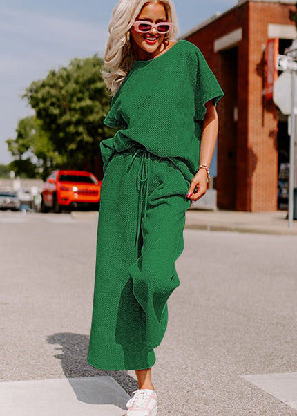 Black Textured Loose Fit T Shirt and Drawstring Pants Set