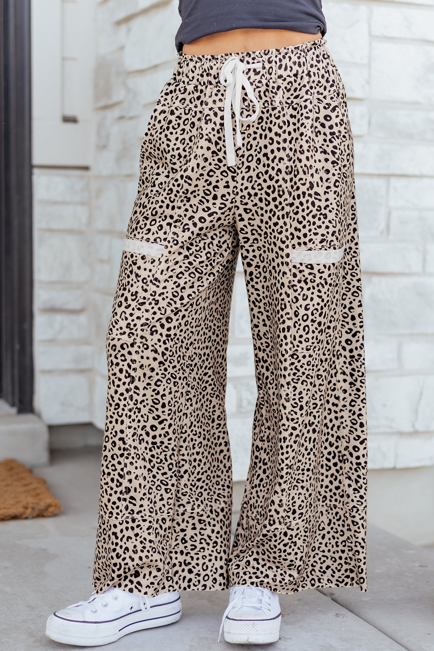 Khaki Animal Print Wide Leg Terry Knit Pants