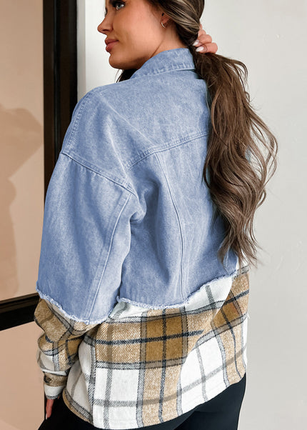 Khaki Plaid Patchwork Buttoned Oversized Denim Jacket