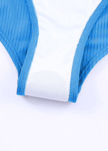 Sky Blue Adjustable Straps Ribbed Knit One Piece Swimsuit