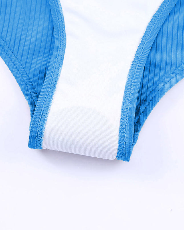 Sky Blue Adjustable Straps Ribbed Knit One Piece Swimsuit