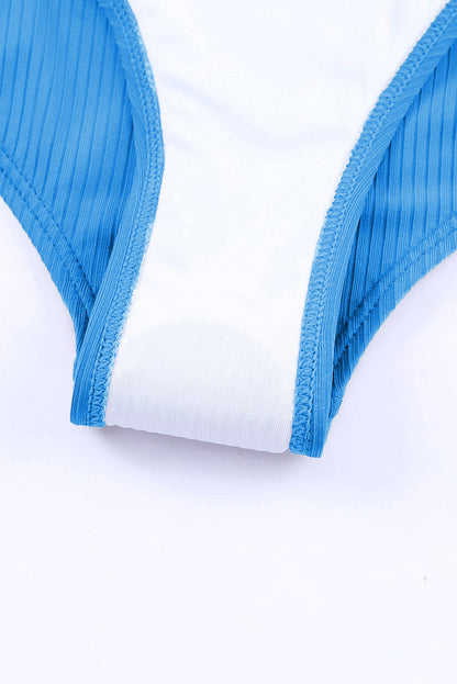 Sky Blue Adjustable Straps Ribbed Knit One Piece Swimsuit