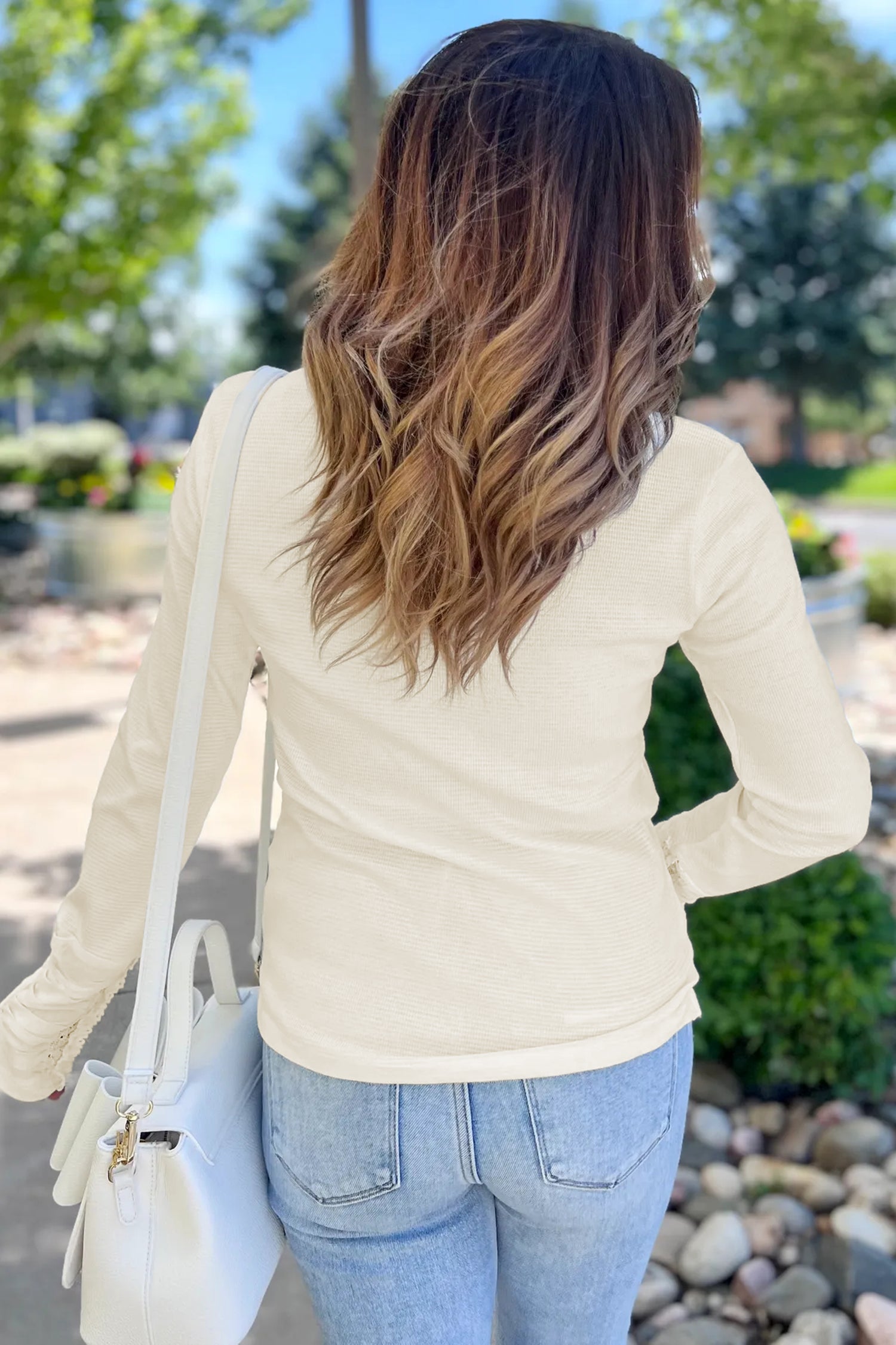 Beige Thermal Knit Lace Ruched Patchwork Long Sleeve V Neck Top