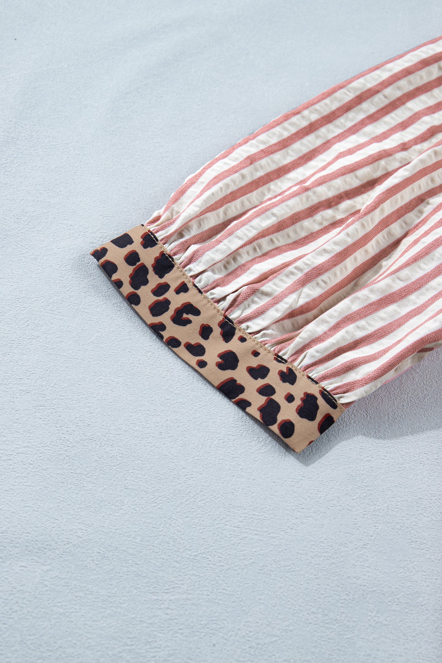 Sky Blue Stripe Leopard Trim V Neck Button Down Half Sleeve Shirt