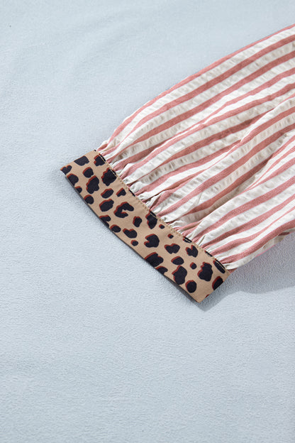 Sky Blue Stripe Leopard Trim V Neck Button Down Half Sleeve Shirt