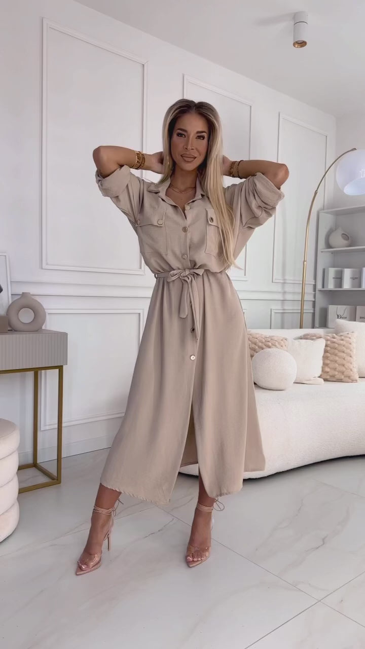 Załaduj film: 531-1 Midi shirt dress with gold buttons and ties - beige