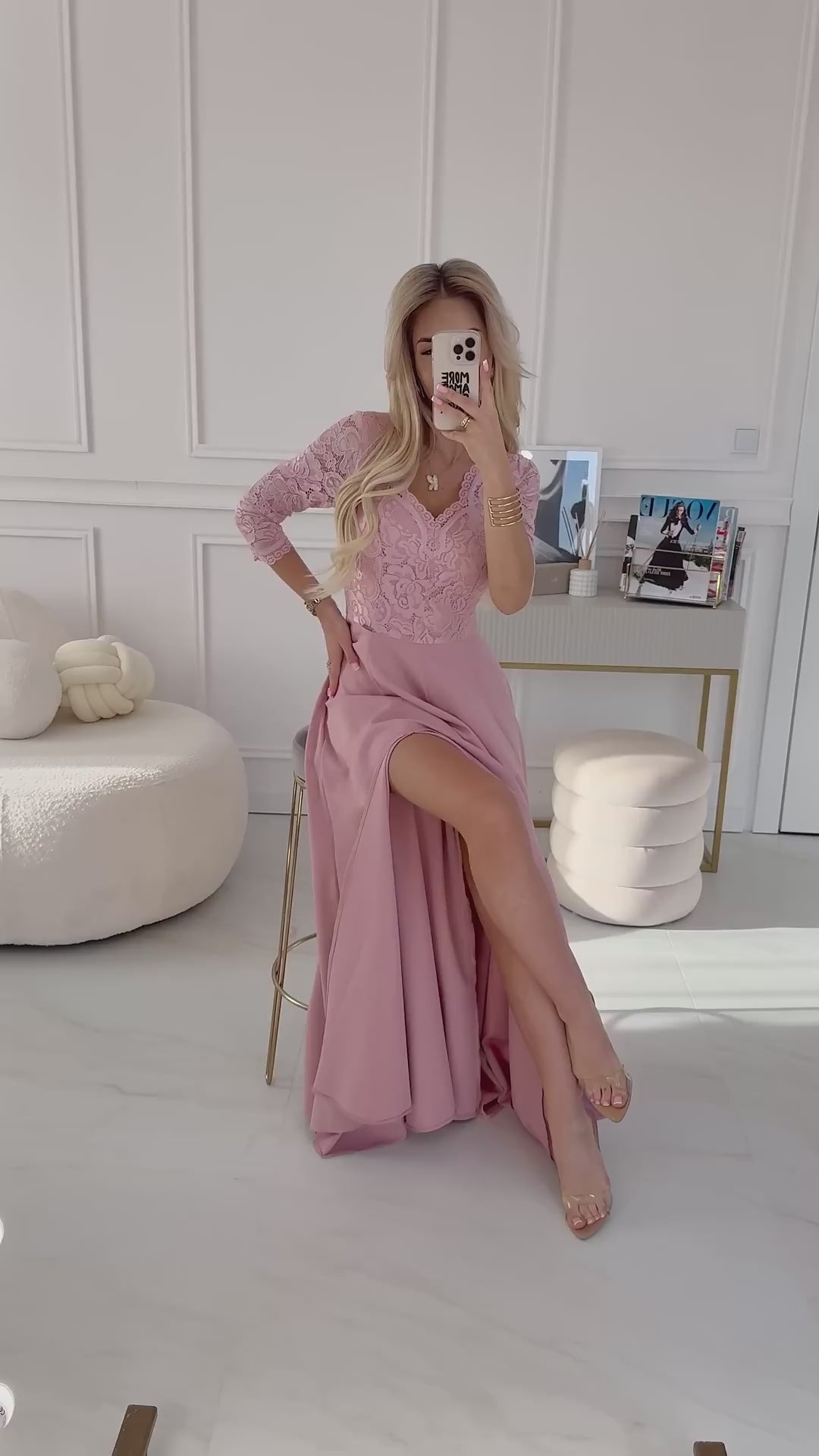 Load video: 309-13 AMBER elegant long lace dress with a neckline - powder pink