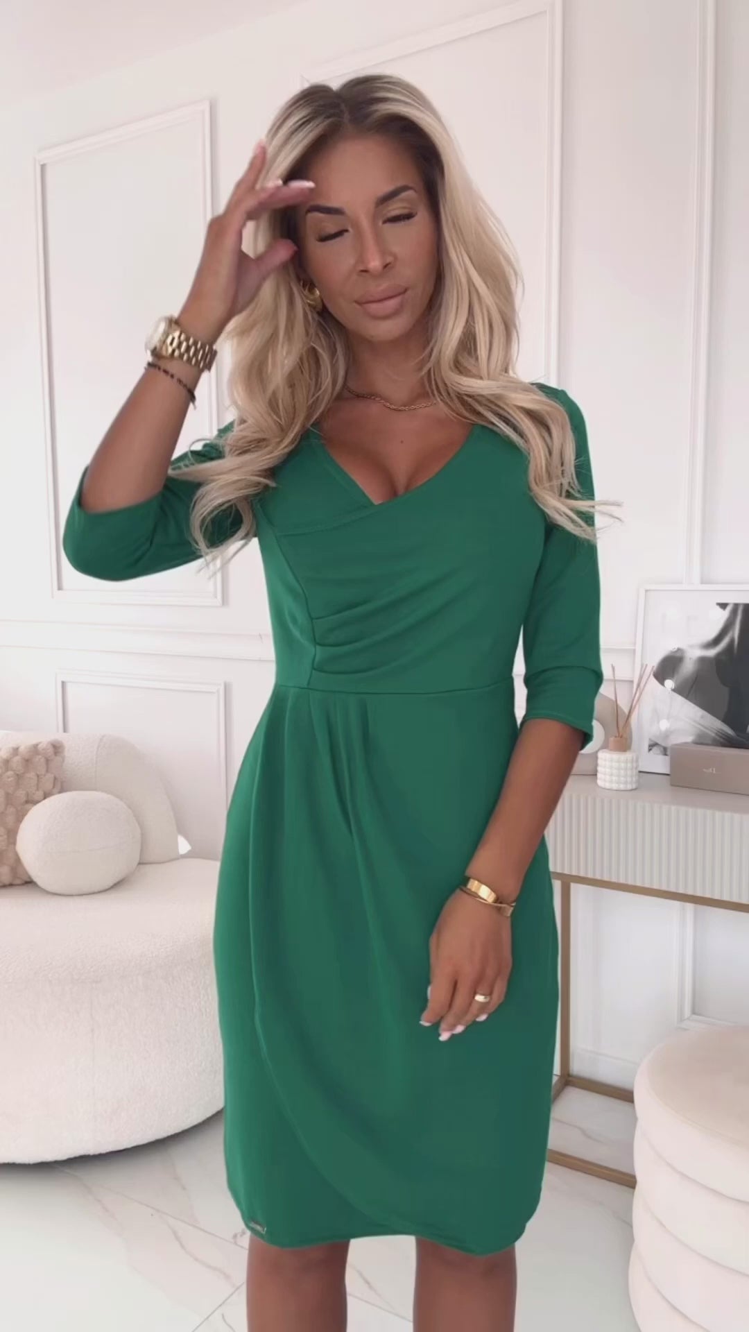 Load video: 255-4 IRIS Pleat Dress with Neckline - Green