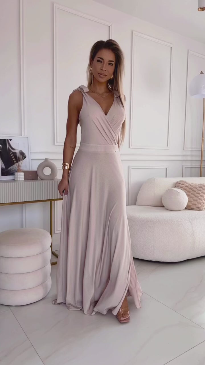 Załaduj film: 405-6 ELENA Long dress with a neckline and ties on the shoulders - beige with glitter