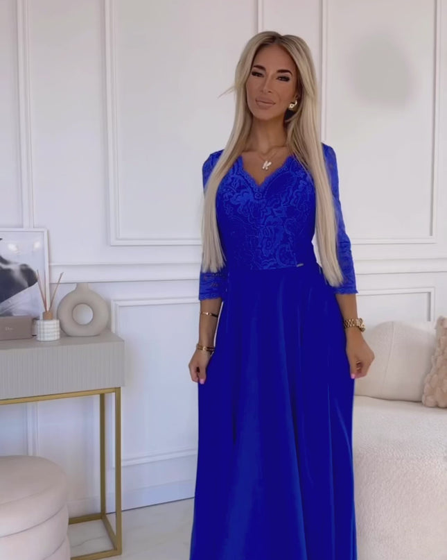 309-12 AMBER elegant lace long dress with a neckline - Royal blue