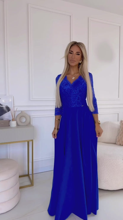 309-12 AMBER elegant lace long dress with a neckline - Royal blue