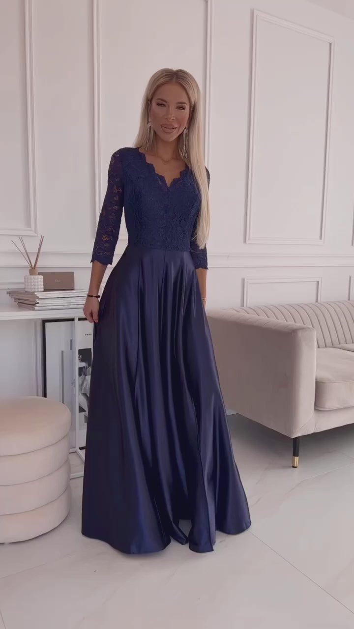 Load video: 309-7 AMBER lace long satin dress with a neckline - dark blue