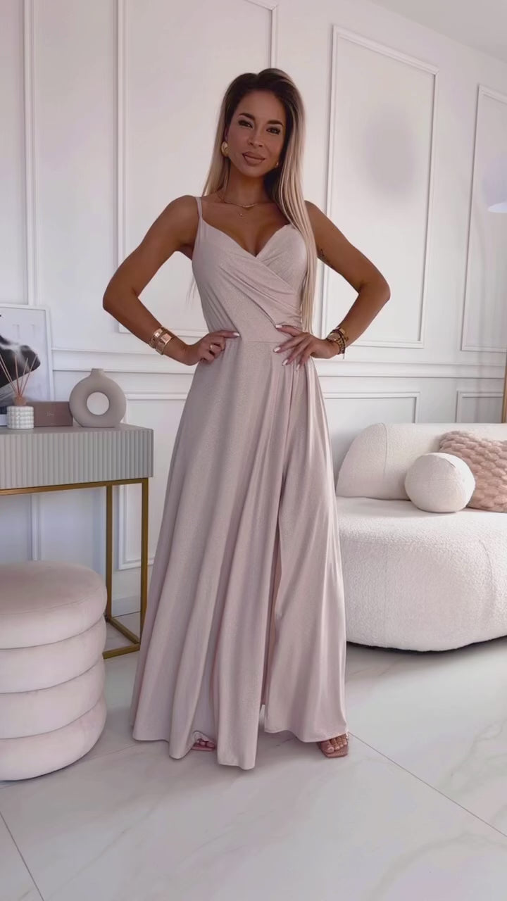 Video laden: 299-15 CHIARA elegant maxi dress with straps - beige with glitter