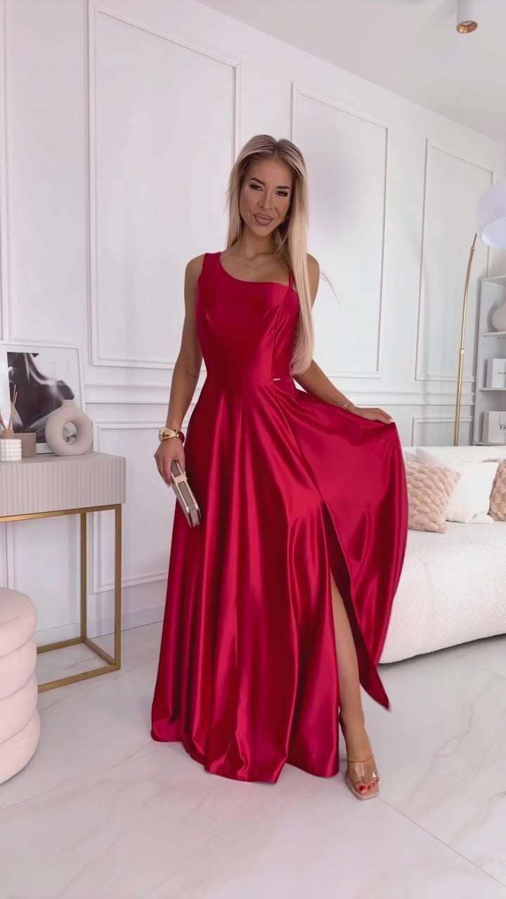 Video laden: 524-1 Long elegant satin one-shoulder dress - red