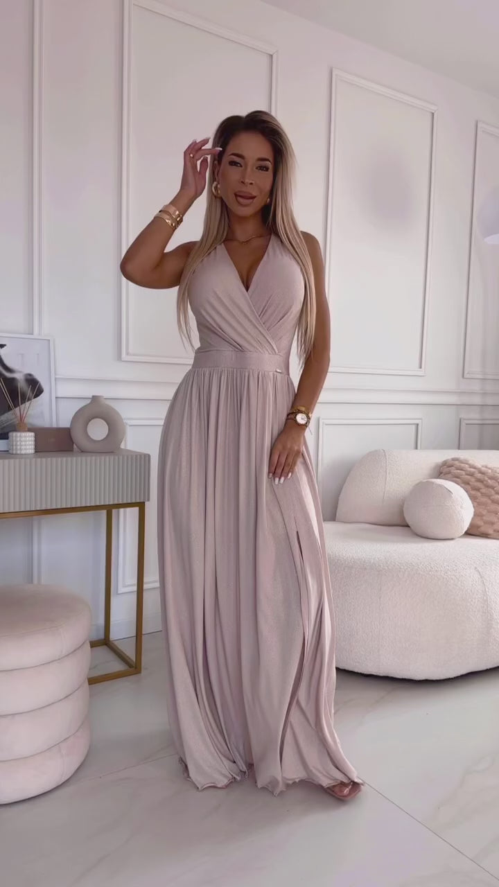 Video laden: 362-8 JUSTINE Long dress with a neckline and a tie at the back - beige with glitter