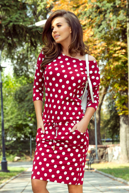 13-111 Sports dress with binding and pockets - burgundy + polka dots