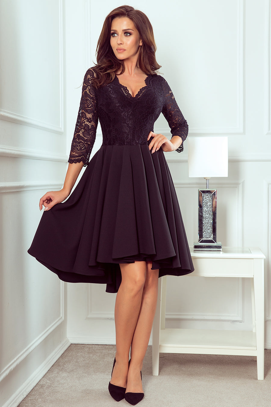 210-10 NICOLLE - dress with longer back with lace neckline - Black