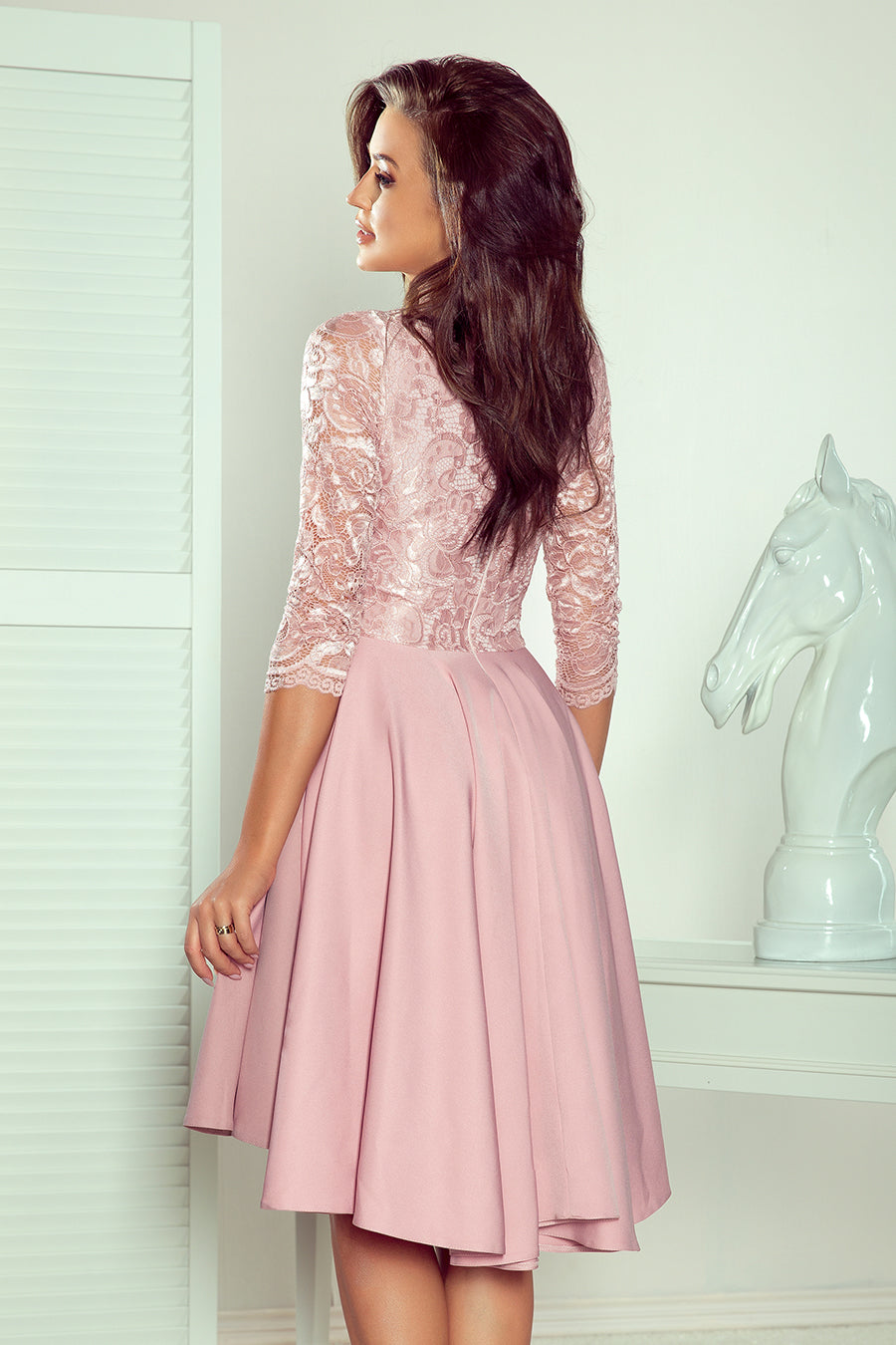 210-11 NICOLLE - dress with longer back with lace neckline - powder pink