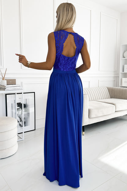 211-7 LEA long dress with lace neckline - royal blue