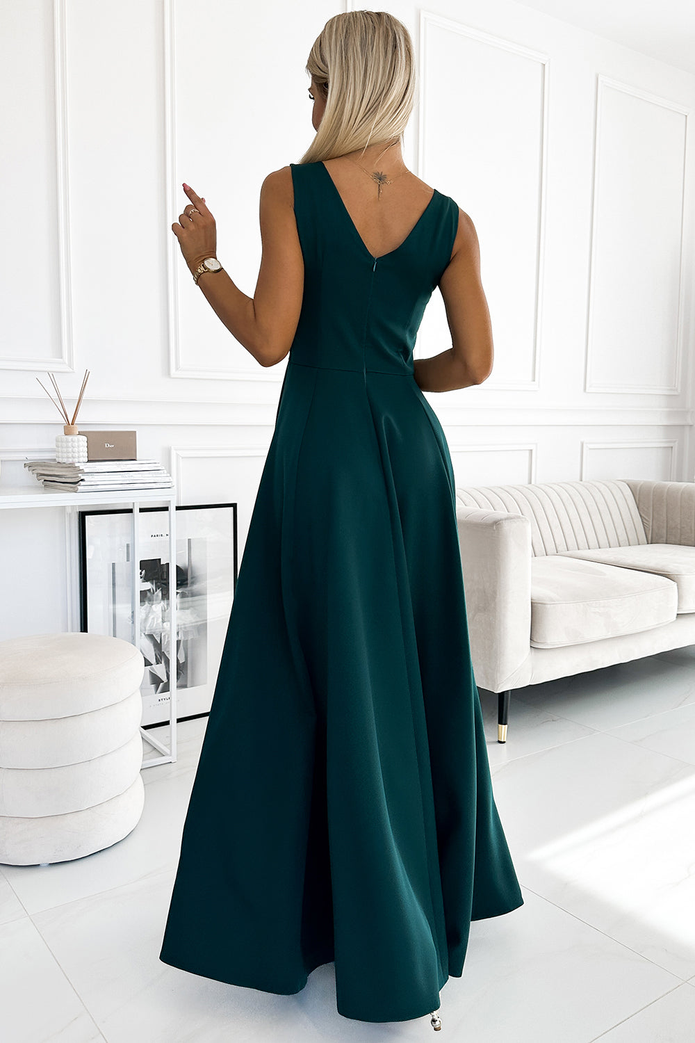 246-5 CINDY long elegant dress with a neckline - green