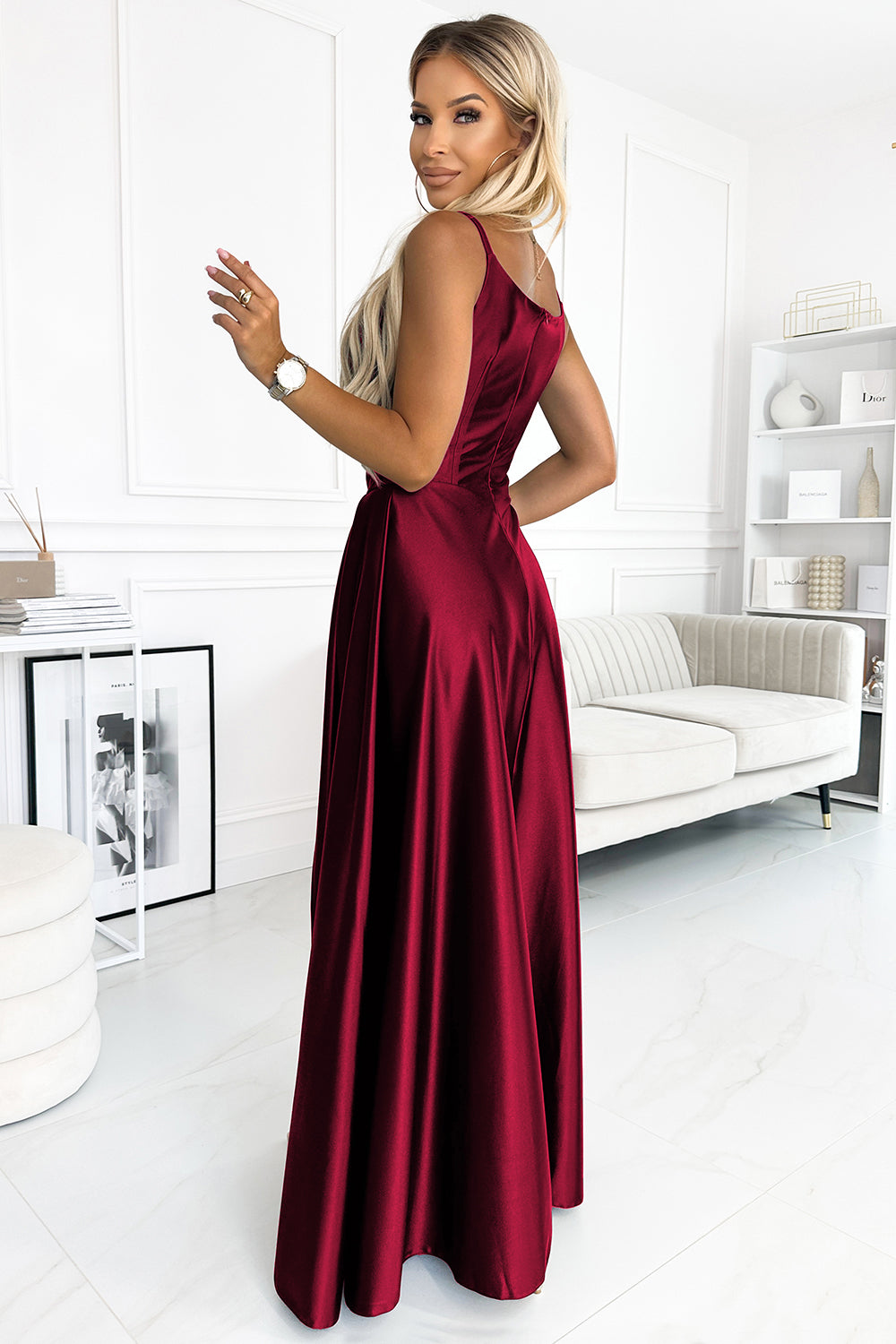 299-13 CHIARA elegant satin maxi dress with straps - Burgundy color