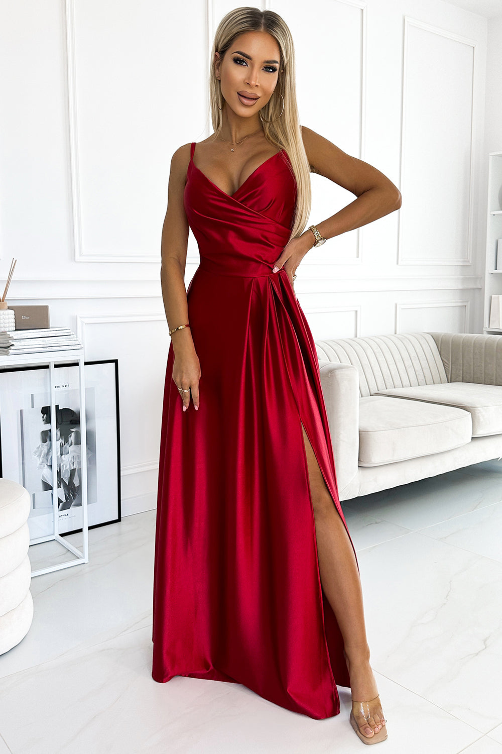 299-14 CHIARA elegant satin maxi dress with straps - red color