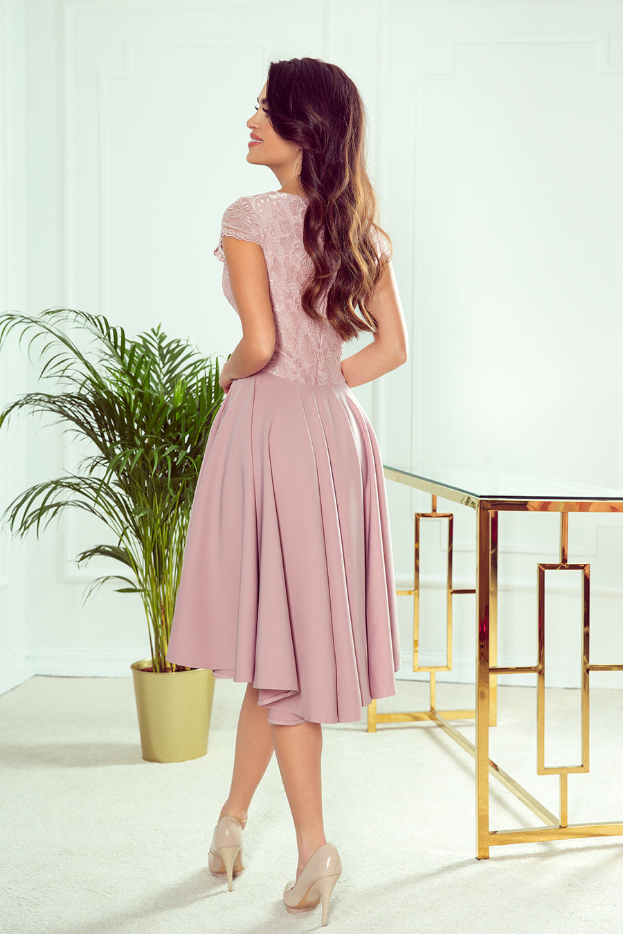 300-1 PATRICIA - dress with longer back with lace neckline - powder pink