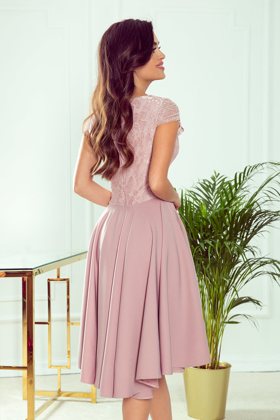 300-1 PATRICIA - dress with longer back with lace neckline - powder pink