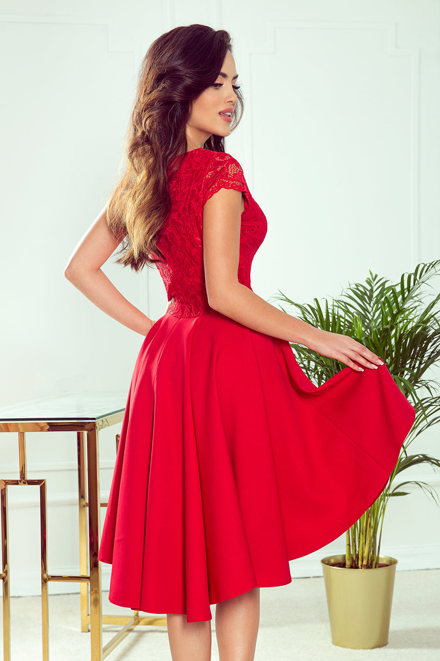 300-2 PATRICIA - dress with longer back with lace neckline - Red