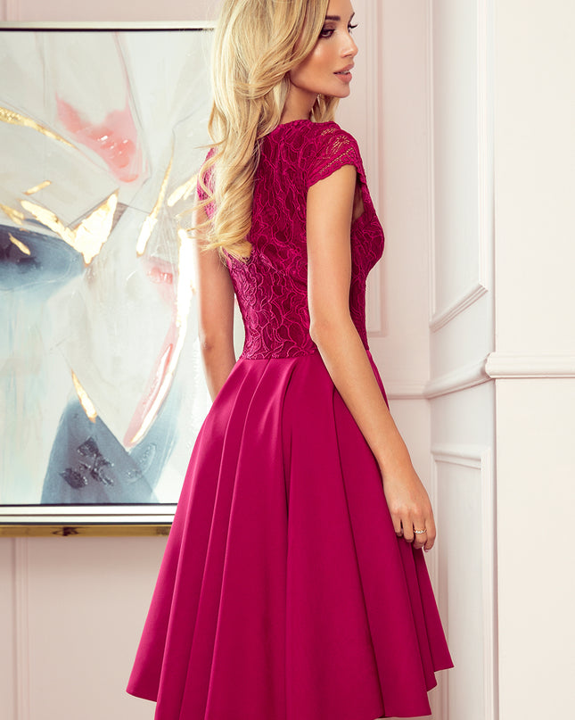 300-4 PATRICIA - dress with longer back with lace neckline - Burgundy color