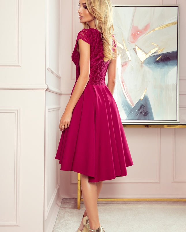 300-4 PATRICIA - dress with longer back with lace neckline - Burgundy color