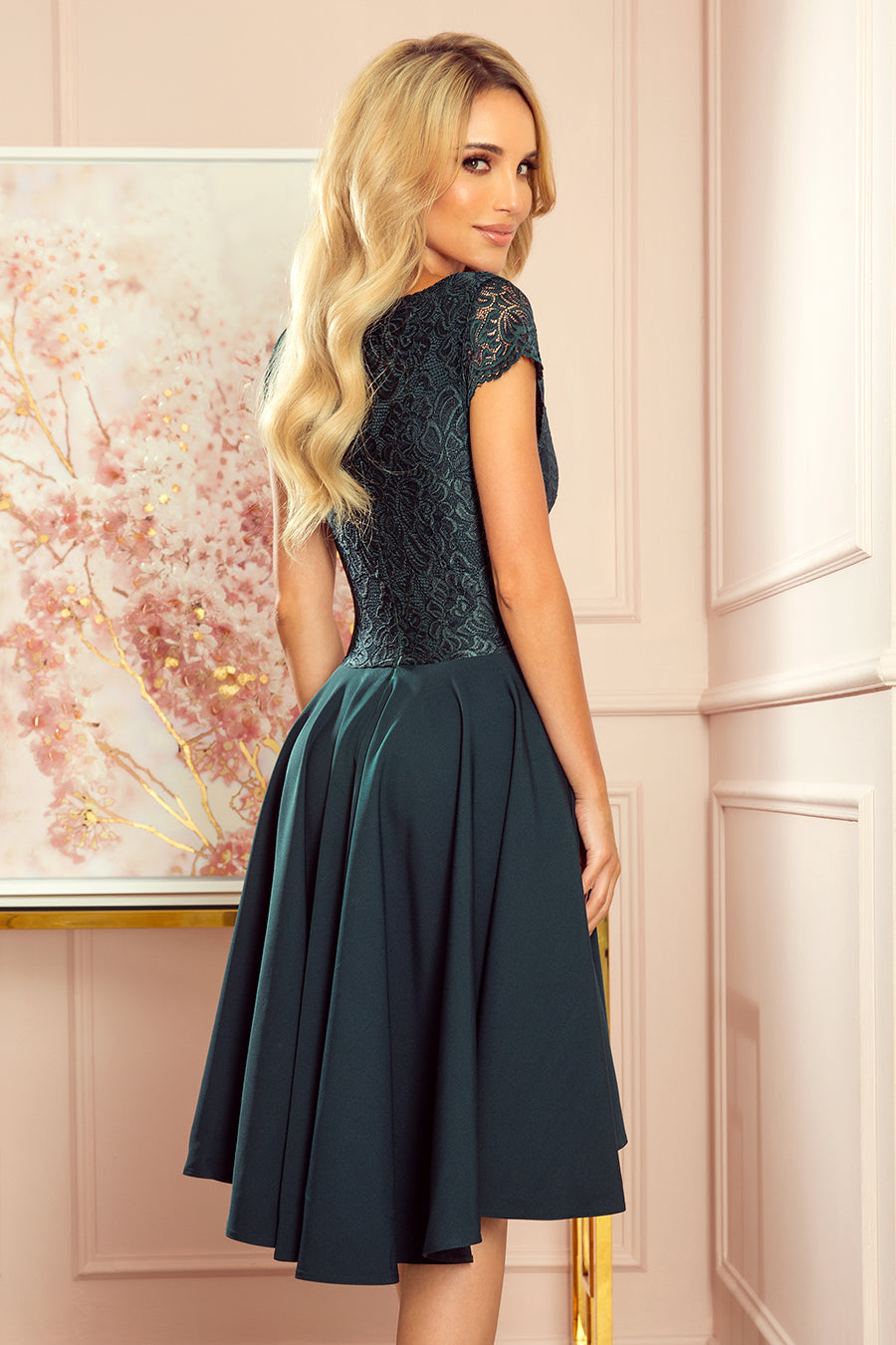 300-5 PATRICIA - dress with longer back with lace neckline - green color