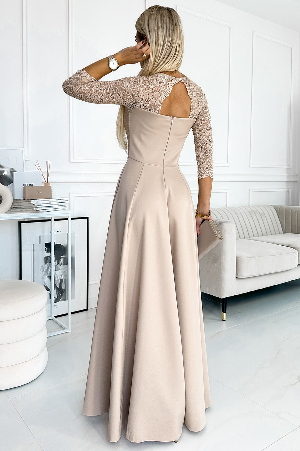 309-10 AMBER lace, elegant long dress with a neckline and leg slit - beige