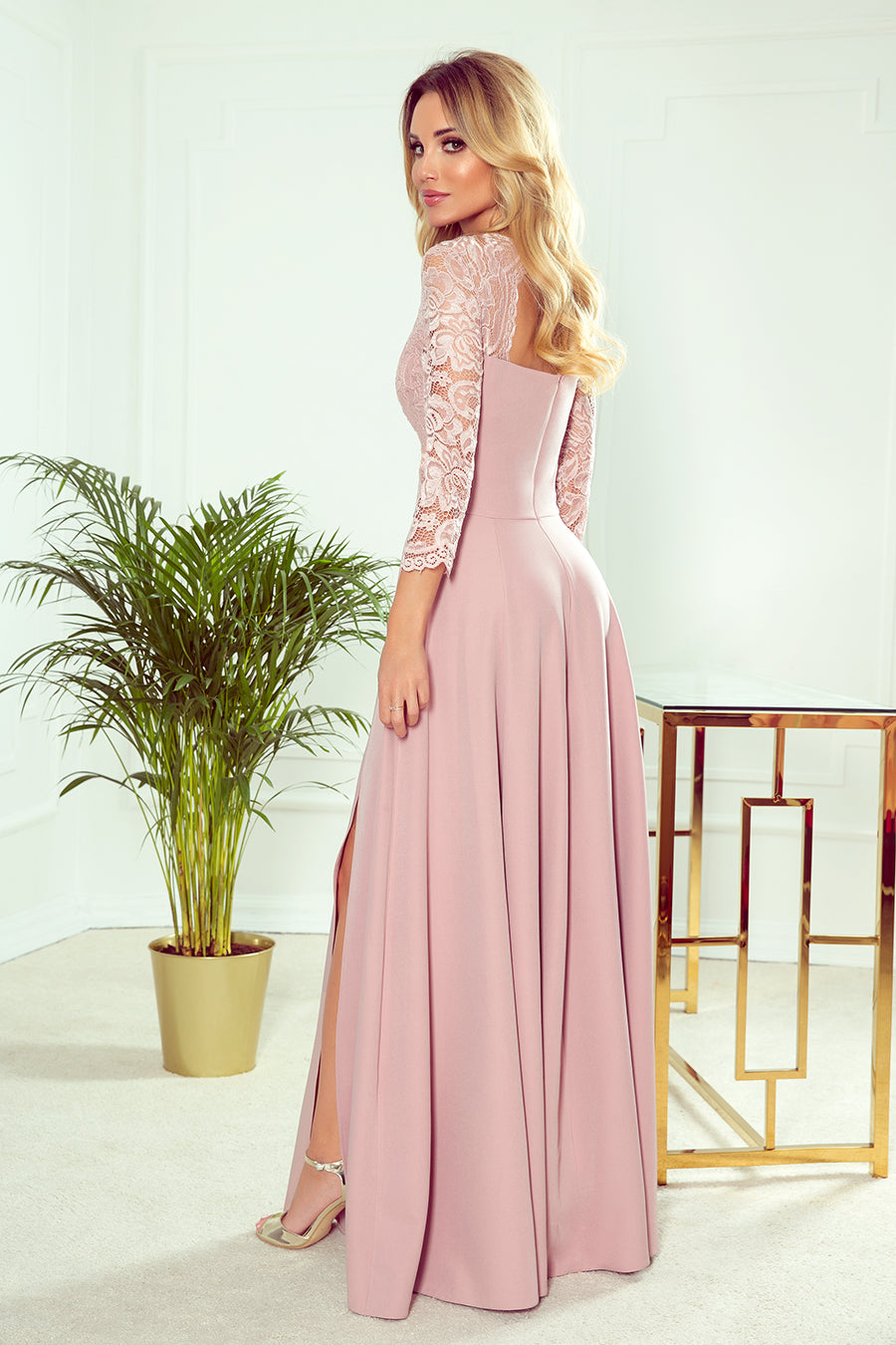 309-4 AMBER elegant lace long dress with a neckline - dirty pink