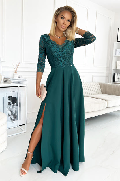 309-5 AMBER elegant lace long dress with a neckline - green