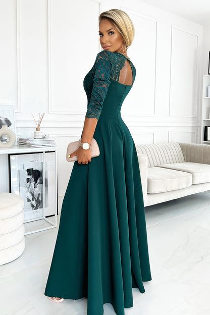 309-5 AMBER elegant lace long dress with a neckline - green