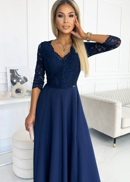 309-6 AMBER elegant lace long dress with a neckline - navy blue
