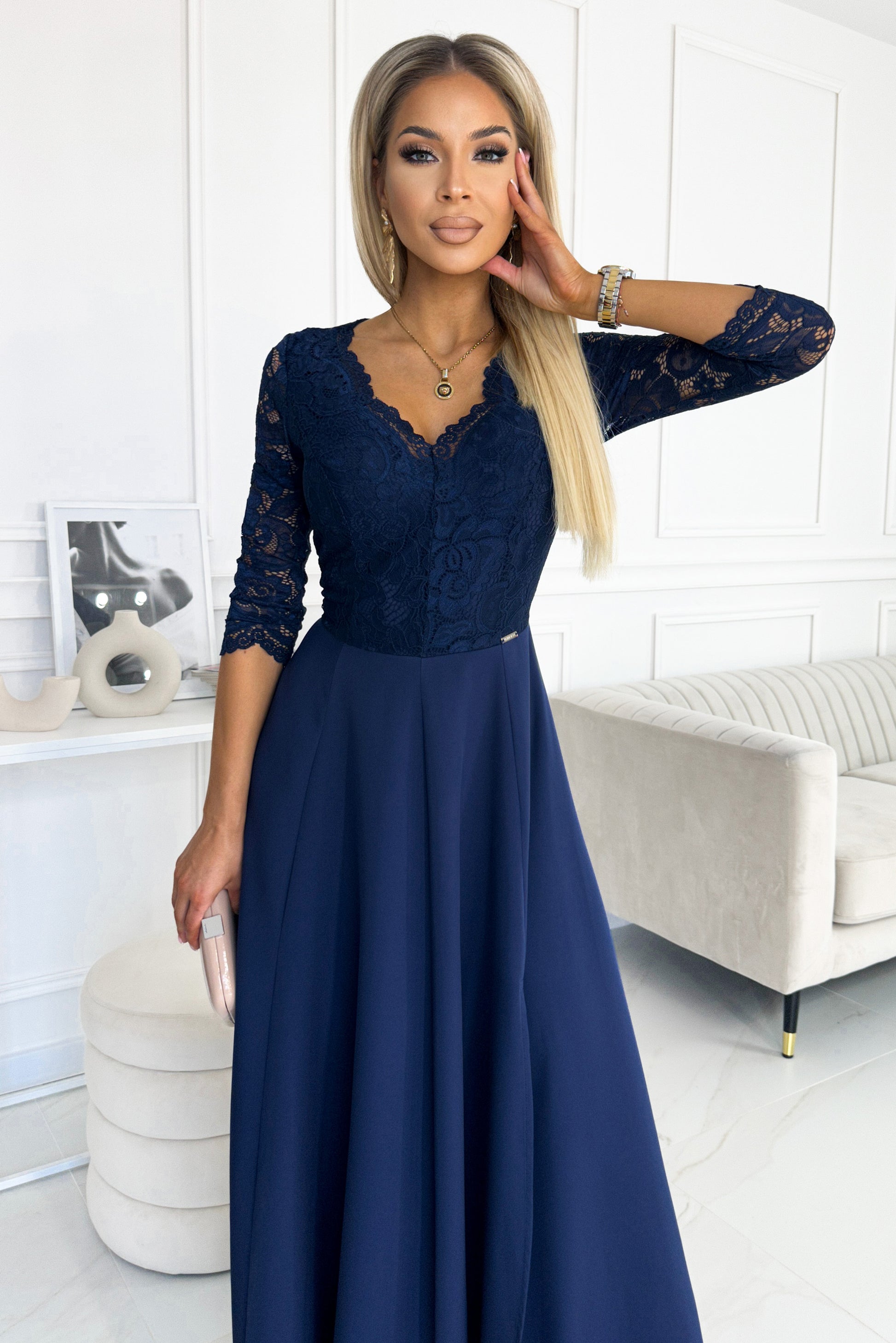 309-6 AMBER elegant lace long dress with a neckline - navy blue