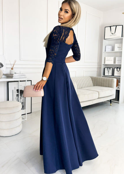 309-6 AMBER elegant lace long dress with a neckline - navy blue