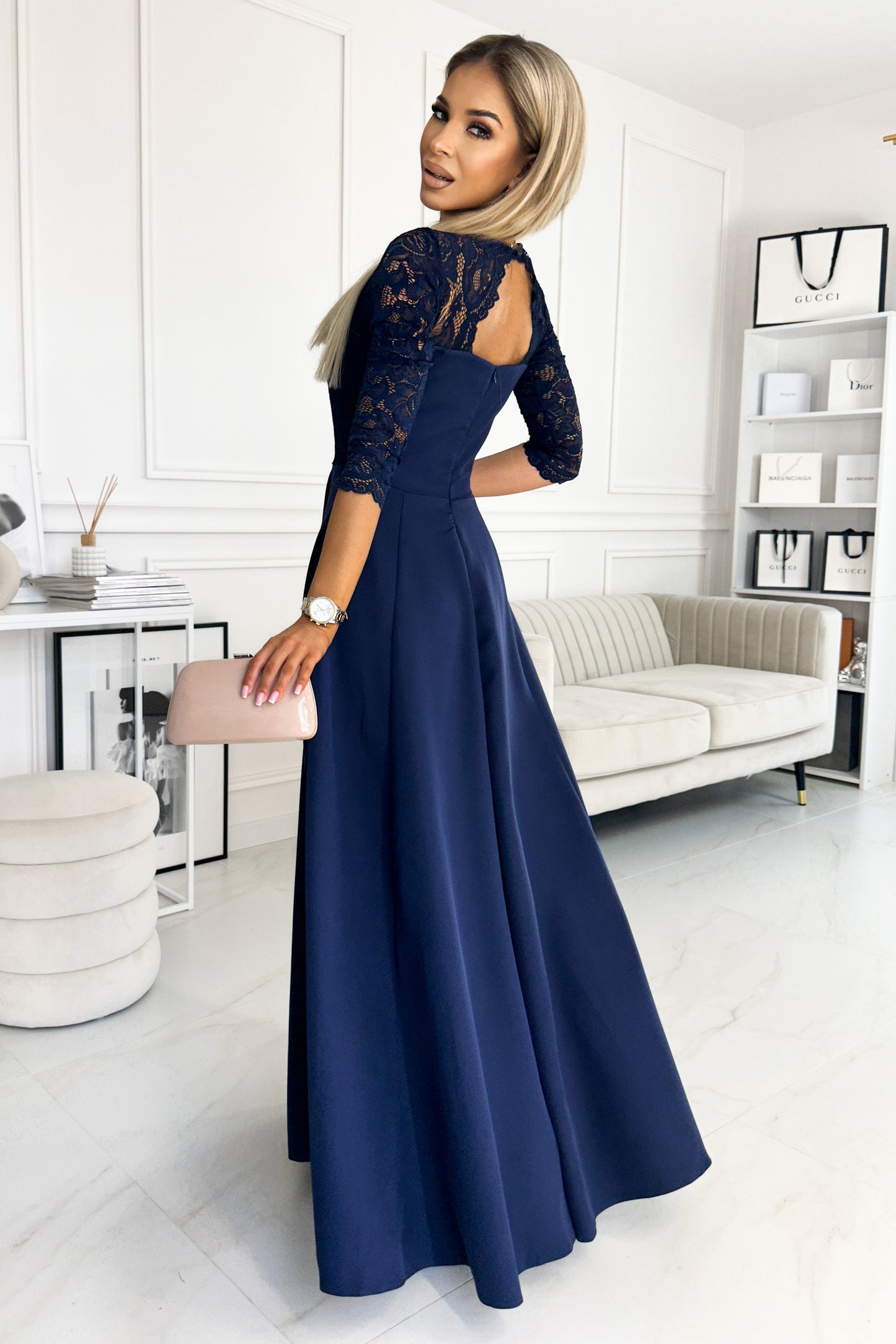 309-6 AMBER elegant lace long dress with a neckline - navy blue