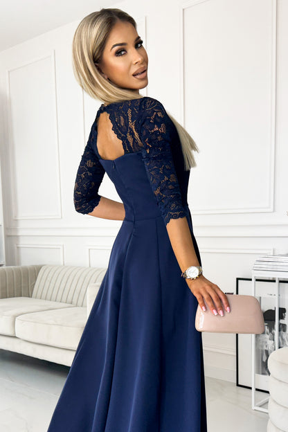 309-6 AMBER elegant lace long dress with a neckline - navy blue