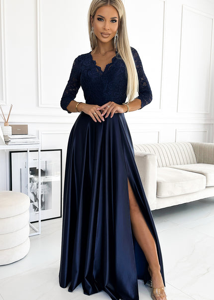 309-7 AMBER lace long satin dress with a neckline - dark blue