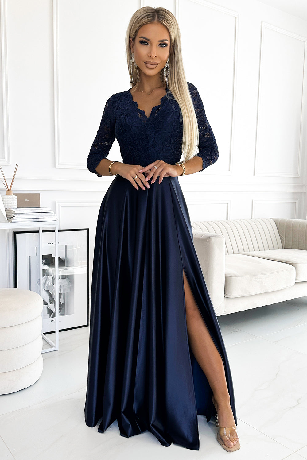 309-7 AMBER lace long satin dress with a neckline - dark blue