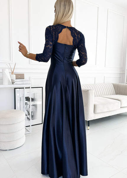 309-7 AMBER lace long satin dress with a neckline - dark blue